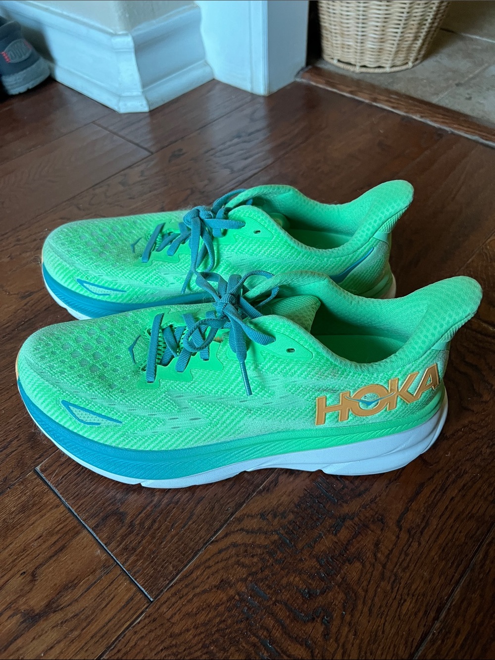 Hoka Mens Neon Green and Teal Running Sneakers